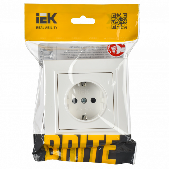 IEK BRITE Розетка 1-местная с заземлением с защитными шторками 16А в сборе РСР14-1-0-БрБ белый , BR-R14-16-K01-F
