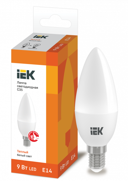 IEK Лампа светодиодная C35 свеча 9Вт 230В 3000К E14 IEK, LLE-C35-9-230-30-E14
