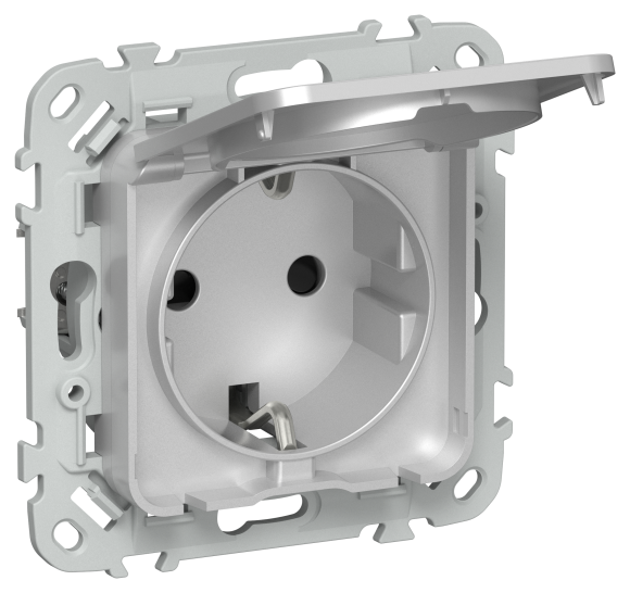 IEK FLITE Розетка с заземлением с защитными шторками и крышкой безвинтовое крепление 16А IP44 РСшкр11-1-44-ФлА алюминий IEK, FI-R16-16-1-44-K47