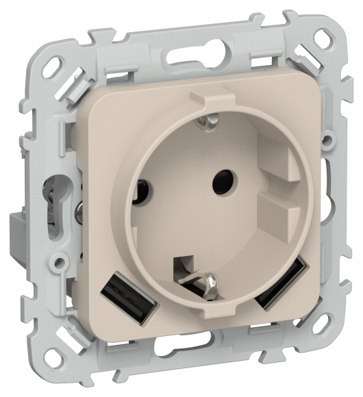 IEK FLITE Розетка 1-местная с заземлением с защитными шторками 16А с USB A+A 3,1А РСЮша11-0-ФлЛ льняной IEK, FI-R14-16-U21-D31-K88