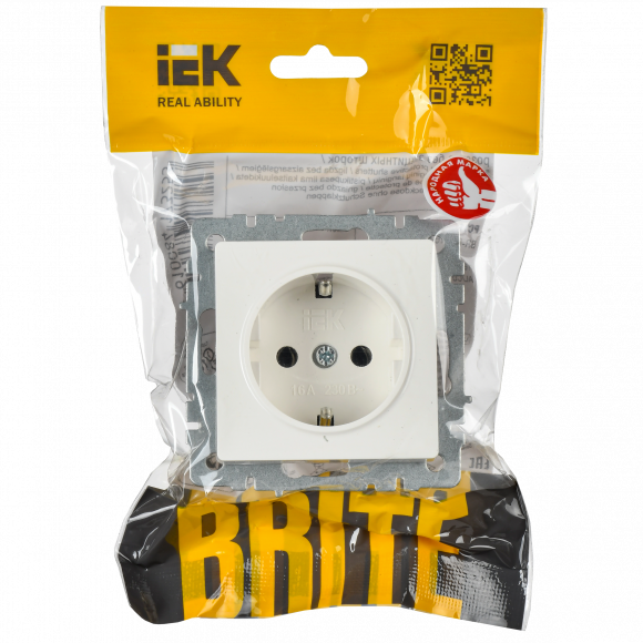 IEK BRITE Розетка 1-местная с заземлением с защитными шторками 16А РС14-1-0-БрБ белый , BR-R14-16-K01