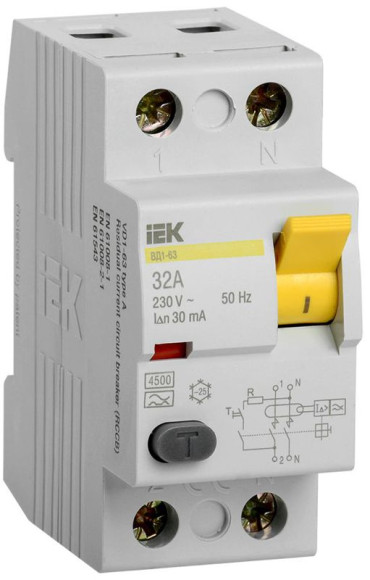 IEK Выключатель дифференциальный (УЗО) ВД1-63 2Р 32А 30мА тип А IEK, MDV11-2-032-030 IEK Выключатель дифференциальный (УЗО) ВД1-63 2Р 32А 30мА тип А IEK, MDV11-2-032-030