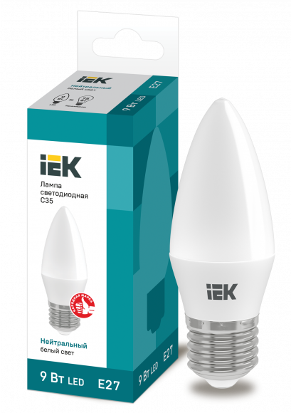 IEK Лампа светодиодная C35 свеча 9Вт 230В 4000К E27 IEK, LLE-C35-9-230-40-E27