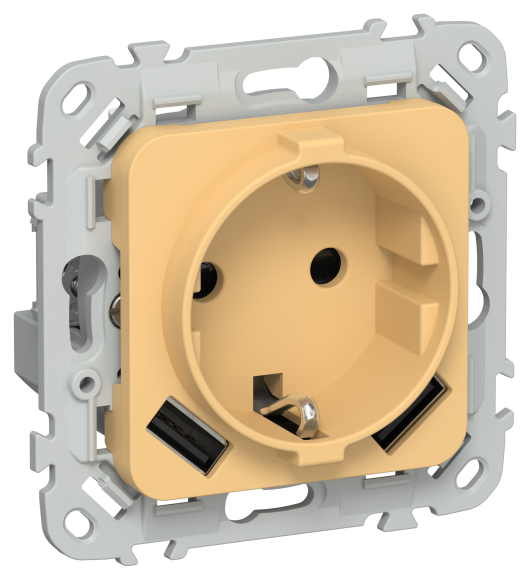 IEK FLITE Розетка 1-местная с заземлением с защитными шторками 16А с USB A+A 3,1А безвинтовое крепление РСЮша11-1-ФлЗ золотарник IEK, FI-R14-16-1-U21-D31-K90