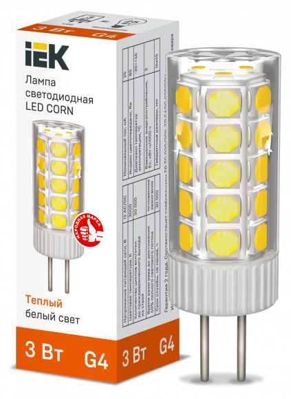 IEK Лампа светодиодная CORN капсула 3Вт 12В 3000К керамика G4 IEK, LLE-CORN-3-012-30-G4