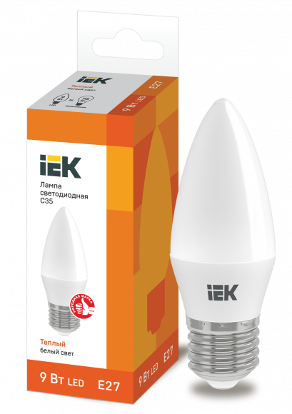 IEK Лампа светодиодная C35 свеча 9Вт 230В 3000К E27 IEK, LLE-C35-9-230-30-E27