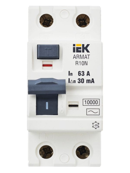 IEK ARMAT Выключатель дифференциального тока R10N 2P 63А 30мА тип AC IEK, AR-R10N-2-063C030