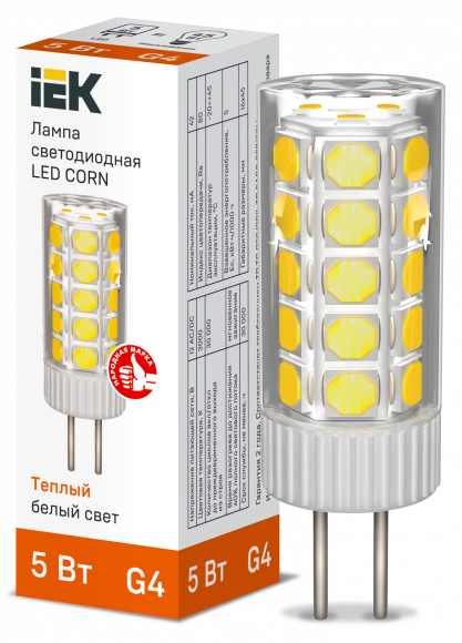 IEK Лампа светодиодная CORN капсула 5Вт 12В 3000К керамика G4 IEK, LLE-CORN-5-012-30-G4