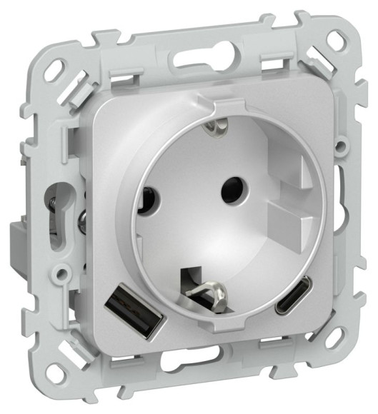 IEK FLITE Розетка 1-местная с заземлением с защитными шторками 16А с USB A+C 20Вт РСЮшс11-0-ФлА алюминий IEK, FI-R14-16-U22-020-K47