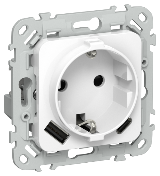 IEK FLITE Розетка 1-местная с заземлением с защитными шторками 16А с USB A+C 20Вт безвинтовое крепление РСЮшс11-1-ФлБ белый IEK, FI-R14-16-1-U22-020-K01