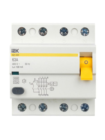 IEK Выключатель дифференциальный (УЗО) ВД1-63 4Р 63А 100мА тип А IEK, MDV11-4-063-100 IEK Выключатель дифференциальный (УЗО) ВД1-63 4Р 63А 100мА тип А IEK, MDV11-4-063-100