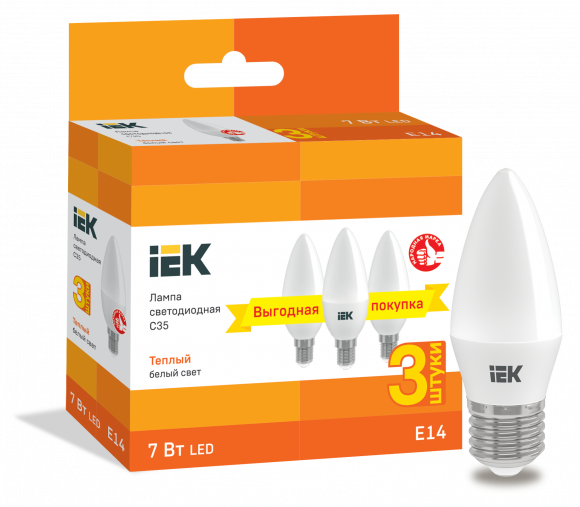 IEK Лампа светодиодная C35 свеча 7Вт 230В 3000К E14 (3шт/упак) IEK, LLE-C35-07-230-30-E14-3