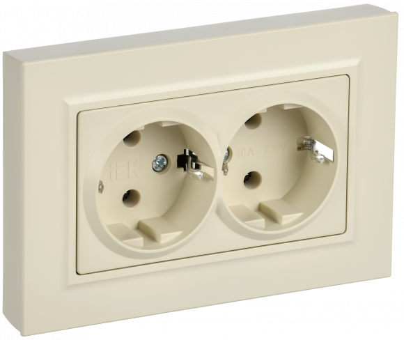 IEK BRITE Розетка 2-местная с заземлением без защитных шторок плоская 16А в сборе РСПл12-3-БрКр бежевый , BR-R27-16-K10-F