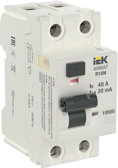 IEK ARMAT Выключатель дифференциального тока R10N 2P 40А 30мА тип A IEK, AR-R10N-2-040A030