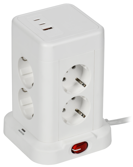 IEK DOMINIC Удлинитель У08K 8 мест 2P+PE 1,5м 3х1,0мм2 16А/250В USB A+C 20Вт белый IEK, DN-YP30-16-08-01-ZKU-K01