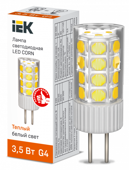 IEK Лампа светодиодная CORN капсула 3,5Вт 230В 3000К керамика G4 IEK, LLE-CORN-4-230-30-G4