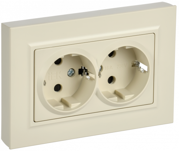 IEK BRITE Розетка 2-местная с заземлением с защитными шторками плоская 16А в сборе РСшПл12-3-БрКр бежевый , BR-R28-16-K10-F