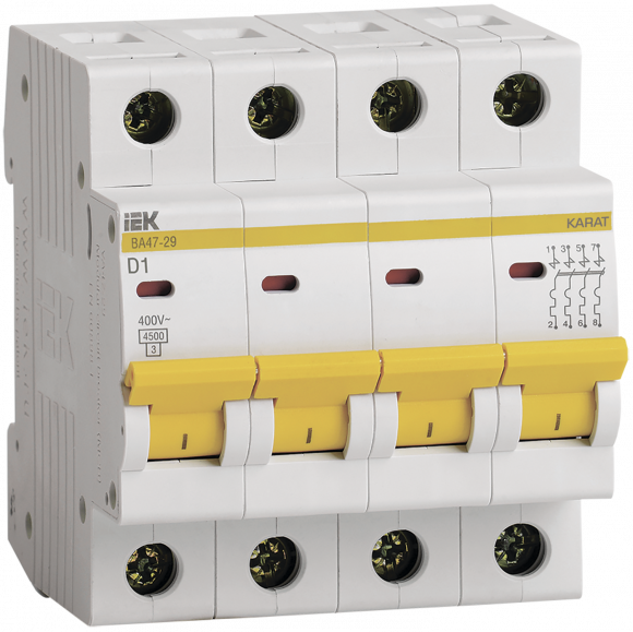IEK KARAT Автоматический выключатель ВА47-29 4P D 1А 4,5кА IEK, MVA20-4-001-D