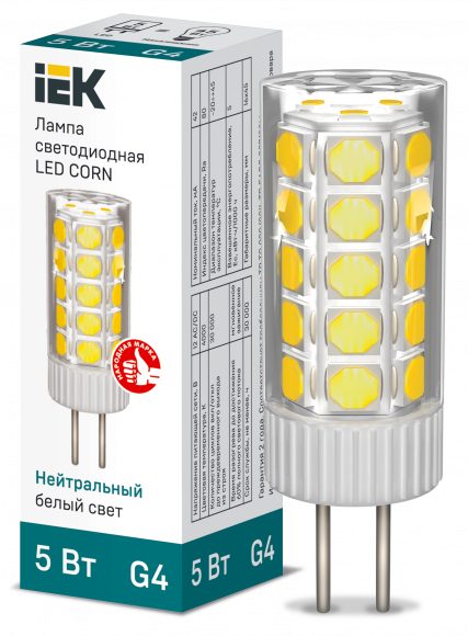 IEK Лампа светодиодная CORN капсула 5Вт 12В 4000К керамика G4 IEK, LLE-CORN-5-012-40-G4