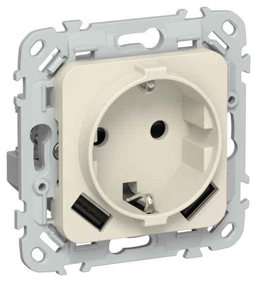 IEK FLITE Розетка 1-местная с заземлением с защитными шторками 16А с USB A+A 3,1А РСЮша11-0-ФлСл сливочный IEK, FI-R14-16-U21-D31-K86