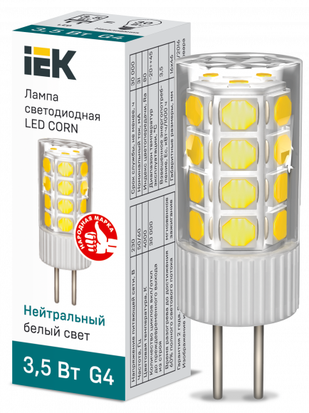 IEK Лампа светодиодная CORN капсула 3,5Вт 230В 4000К керамика G4 IEK, LLE-CORN-4-230-40-G4
