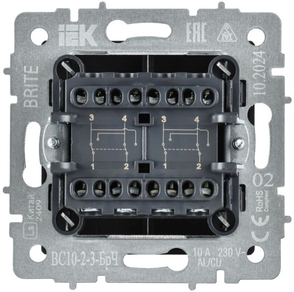 IEK BRITE Выключатель 2-клавишный перекрестный 10А ВС10-2-3-БрЧ черный IEK, BR-V23-0-10-K02