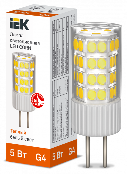 IEK Лампа светодиодная CORN капсула 5Вт 230В 3000К керамика G4 IEK, LLE-CORN-5-230-30-G4