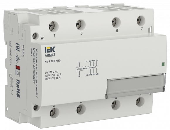 IEK ARMAT Контактор модульный KMR 100А 24В AC/DC 4НО IEK, AR-KMR20-100-40-024