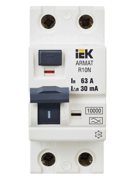 IEK ARMAT Выключатель дифференциального тока R10N 2P 63А 30мА тип A IEK, AR-R10N-2-063A030
