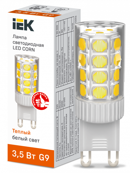 IEK Лампа светодиодная CORN капсула 3,5Вт 230В 3000К керамика G9 IEK, LLE-CORN-4-230-30-G9