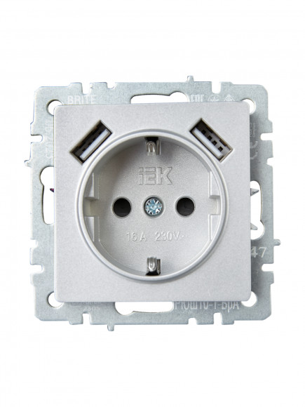 IEK BRITE Розетка 1-местная с заземлением с защитными шторками 16А с USB A+A 5В 2,1А РЮш10-1-БрА алюминий , BR-R14-16-U21-D21-K47