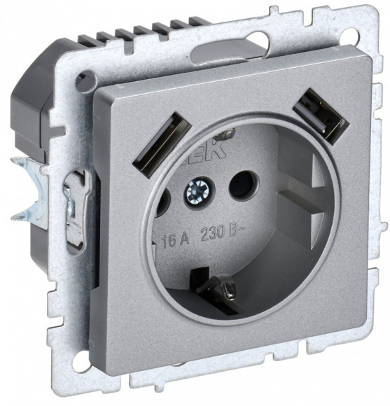IEK BRITE Розетка 1-местная с заземлением с защитными шторками 16А с USB A+A 5В 2,1А РЮш10-1-БрА алюминий IEK, BR-R14-16-U21-D21-K47