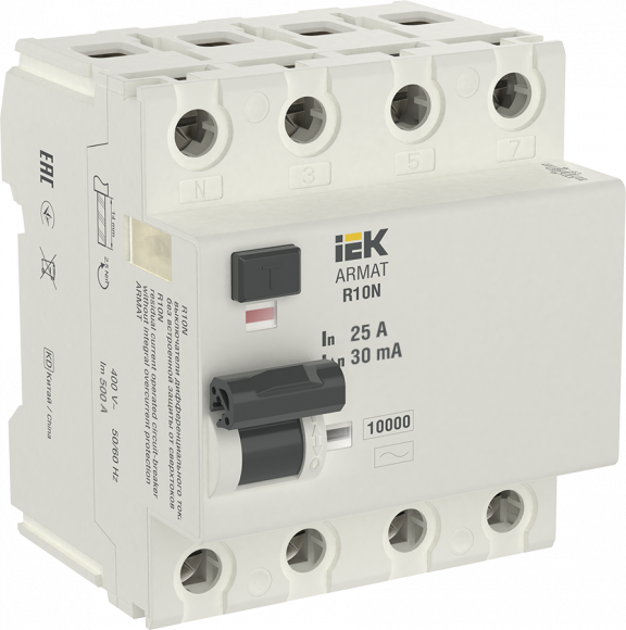 IEK ARMAT Выключатель дифференциального тока R10N 4P 25А 30мА тип AC IEK, AR-R10N-4-025C030