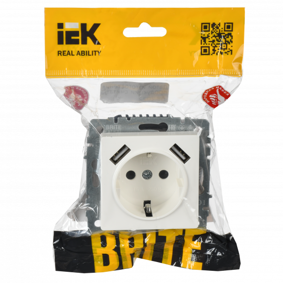 IEK BRITE Розетка 1-местная с заземлением с защитными шторками 16А с USB A+A 5В 2,1А РЮш10-1-БрБ белый , BR-R14-16-U21-D21-K01