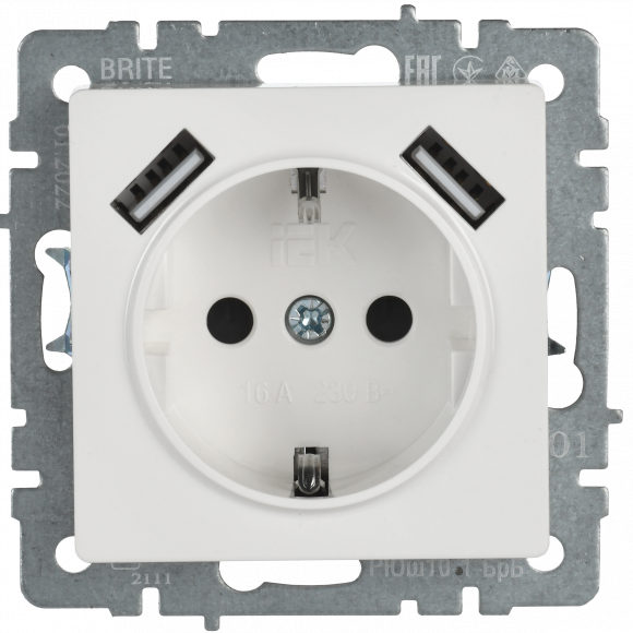 IEK BRITE Розетка 1-местная с заземлением с защитными шторками 16А с USB A+A 5В 2,1А РЮш10-1-БрБ белый , BR-R14-16-U21-D21-K01