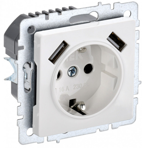 IEK BRITE Розетка 1-местная с заземлением с защитными шторками 16А с USB A+A 5В 2,1А РЮш10-1-БрБ белый IEK, BR-R14-16-U21-D21-K01