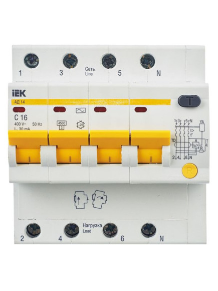 IEK KARAT Дифференциальный автомат АД14 4P 16А 30мА тип AC IEK, MAD10-4-016-C-030