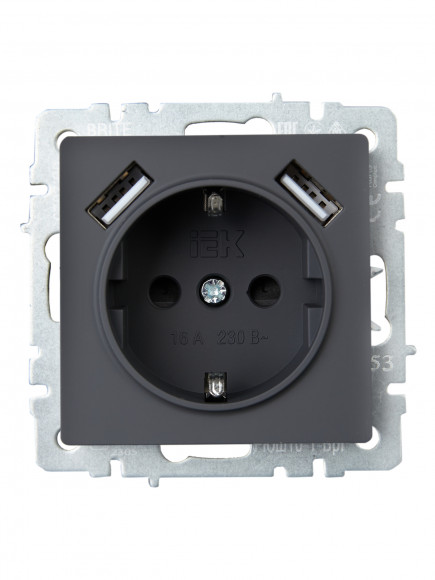 IEK BRITE Розетка 1-местная с заземлением с защитными шторками 16А с USB A+A 5В 2,1А РЮш10-1-БрГ графит , BR-R14-16-U21-D21-K53