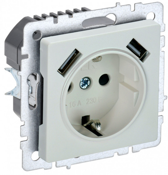 IEK BRITE Розетка 1-местная с заземлением с защитными шторками 16А с USB A+A 5В 2,1А РЮш10-1-БрЖ жемчуг IEK, BR-R14-16-U21-D21-K36