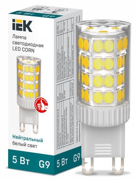 IEK Лампа светодиодная CORN капсула 5Вт 230В 4000К керамика G9 IEK, LLE-CORN-5-230-40-G9