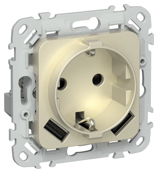IEK FLITE Розетка 1-местная с заземлением с защитными шторками 16А с USB A+A 3,1А безвинтовое крепление РСЮша11-1-ФлШ шампань IEK, FI-R14-16-1-U21-D31-K37