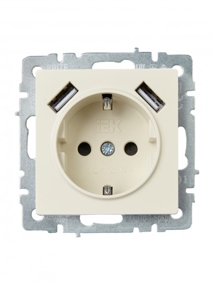 IEK BRITE Розетка 1-местная с заземлением с защитными шторками 16А с USB A+A 5В 2,1А РЮш10-1-БрКр бежевый , BR-R14-16-U21-D21-K10