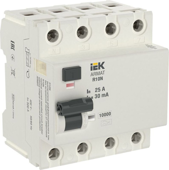 IEK ARMAT Выключатель дифференциального тока R10N 4P 25А 30мА тип A IEK, AR-R10N-4-025A030