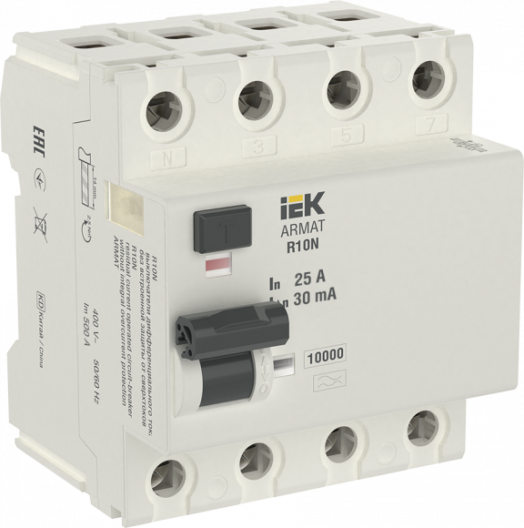 IEK ARMAT Выключатель дифференциального тока R10N 4P 25А 30мА тип A IEK, AR-R10N-4-025A030