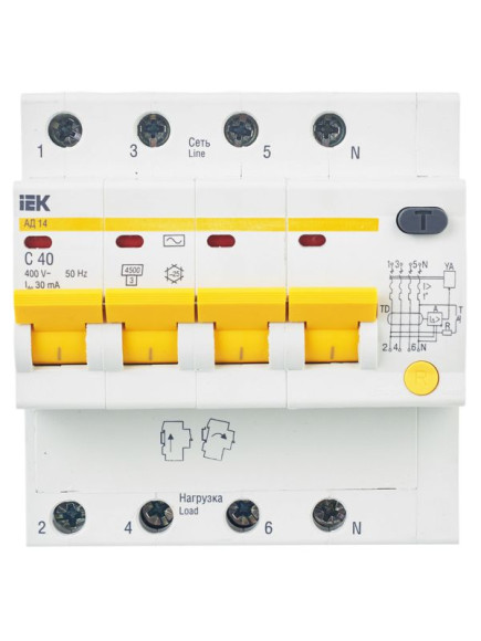 IEK KARAT Дифференциальный автомат АД14 4P 40А 30мА тип AC IEK, MAD10-4-040-C-030