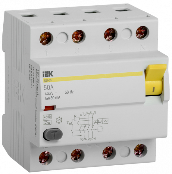 IEK Выключатель дифференциальный (УЗО) ВД1-63 4Р 50А 30мА тип А IEK, MDV11-4-050-030