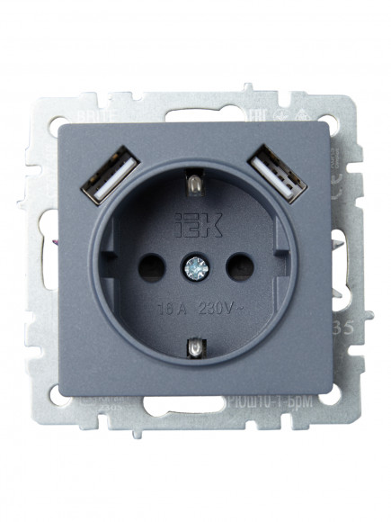IEK BRITE Розетка 1-местная с заземлением с защитными шторками 16А с USB A+A 5В 2,1А РЮш10-1-БрМ маренго , BR-R14-16-U21-D21-K35