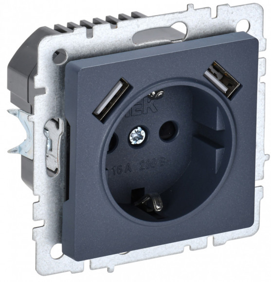 IEK BRITE Розетка 1-местная с заземлением с защитными шторками 16А с USB A+A 5В 2,1А РЮш10-1-БрМ маренго IEK, BR-R14-16-U21-D21-K35