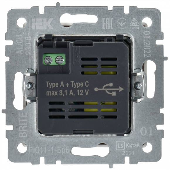 IEK BRITE Розетка USB A+C 18Вт РЮ11-1-БрБ белый IEK, BR-U22-018-K01