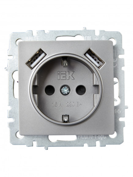 IEK BRITE Розетка 1-местная с заземлением с защитными шторками 16А с USB A+A 5В 2,1А РЮш10-1-БрС сталь , BR-R14-16-U21-D21-K46